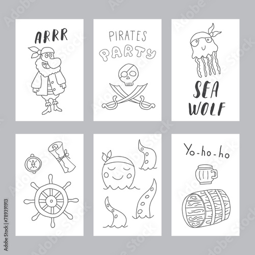 Cute Pirate cards set. Cartoon sea adventures cards collection. Vector illustration