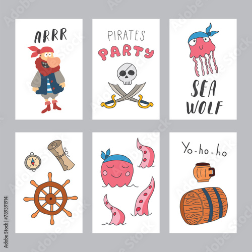 Cute Pirate cards set. Cartoon sea adventures cards collection. Vector illustration