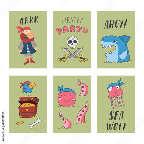 Cute Pirate cards set. Cartoon sea adventures cards collection. Vector illustration