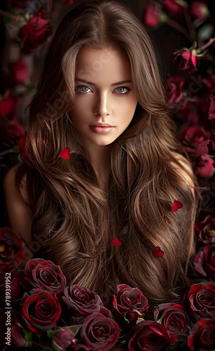 A woman with long brown hair is surrounded by red roses