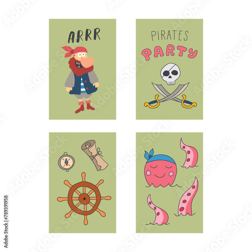 Cute Pirate cards set. Cartoon sea adventures cards collection. Vector illustration