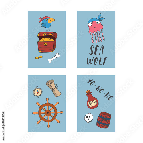 Cute Pirate cards set. Cartoon sea adventures cards collection. Vector illustration