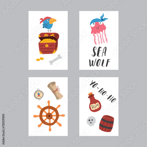 Cute Pirate cards set. Cartoon sea adventures cards collection. Vector illustration