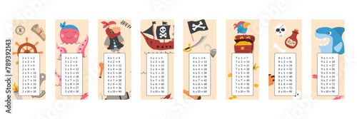 Multiplication table with cute Pirates items, Cartoon Pirate elements bookmarks collection. Vector illustration