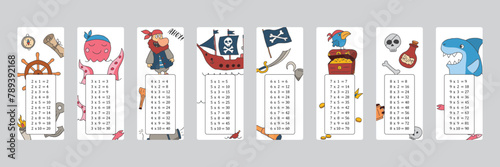 Multiplication table with cute Pirates items, Cartoon Pirate elements bookmarks collection. Vector illustration