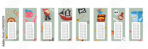 Multiplication table with cute Pirates items, Cartoon Pirate elements bookmarks collection. Vector illustration
