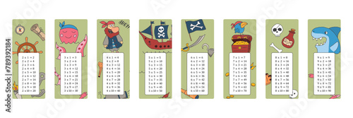 Multiplication table with cute Pirates items, Cartoon Pirate elements bookmarks collection. Vector illustration