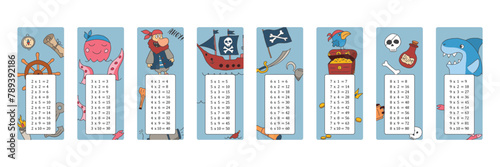 Multiplication table with cute Pirates items, Cartoon Pirate elements bookmarks collection. Vector illustration