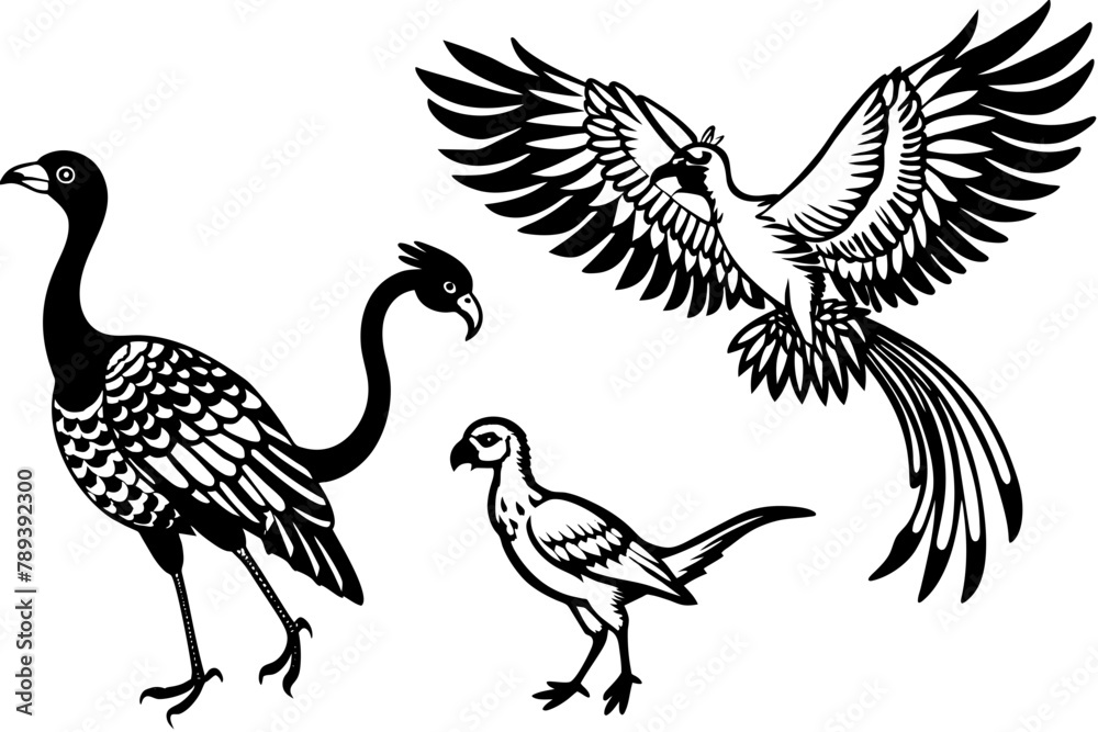  pheasant-flamingo-condor-kestrel-flying-in-the-sky vector illusrtation