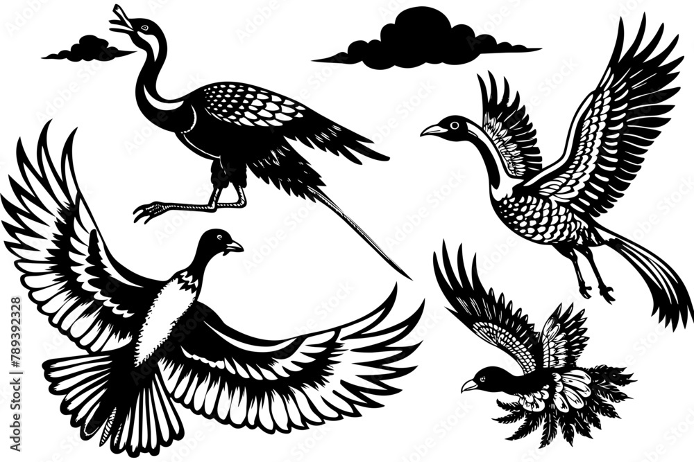 Naklejka premium pheasant-flamingo-condor-kestrel-flying-in-the-sky vector illusrtation