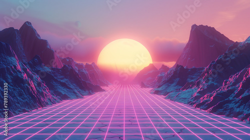 Synthwave Aesthetic of Retro-futuristic Landscape with Rising Sun photo