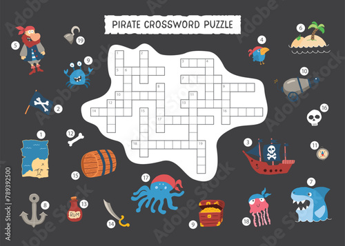 Crossword puzzle game for children in English, Cute cartoon Pirate elements named in English. Vector illustration A4 - ready to print format