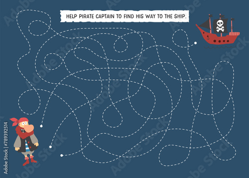 Labyrinth, Maze game for children. Logical puzzle for kids. Quest to find the right path for a Pirate to his ship. Vector illustration A4 - ready to print format.