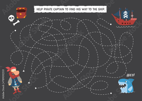 Labyrinth, Maze game for children. Logical puzzle for kids. Quest to find the right path for a Pirate to his ship. Vector illustration A4 - ready to print format.