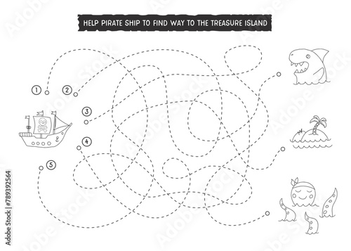 Labyrinth, Maze game for children. Logical puzzle for kids. Quest to find the right path for a Pirate Ship to treasure island. Vector illustration A4 - ready to print format