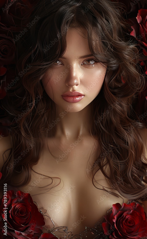 A woman with long brown hair is wearing a red dress A woman with long brown hair is wearing a red dress