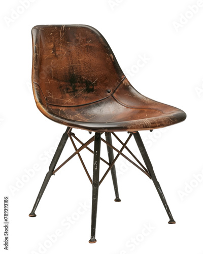 odern distressed leather dining chair with Eiffel metal base isolated on transparent background. Contemporary furniture studio shot. Urban chic and industrial design concept for design and advertiseme photo