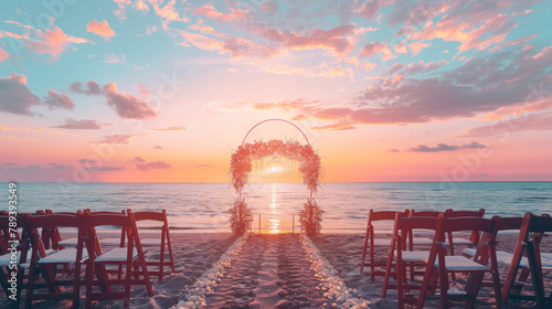 beautiful sunset beach wedding ceremony with an arch and floral decorations, surrounded by wooden chairs facing the ocean at golden hour. wedding setup on beach. creating a romantic atmosphere photo