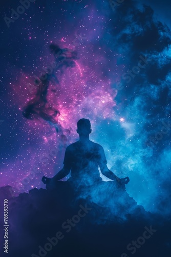 A man meditates in a yoga lotus position, his soul connected to the universe as he reclines against a backdrop of a nebula galaxy, embodying mindful spirituality.