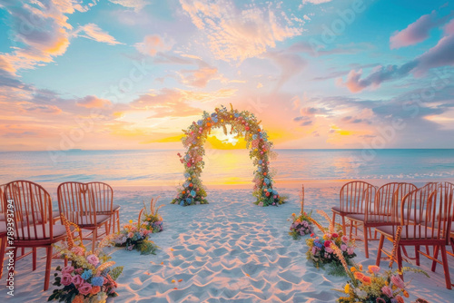 beautiful sunset beach wedding ceremony with an arch and floral decorations  surrounded by wooden chairs facing the ocean at golden hour. wedding setup on beach. creating a romantic atmosphere