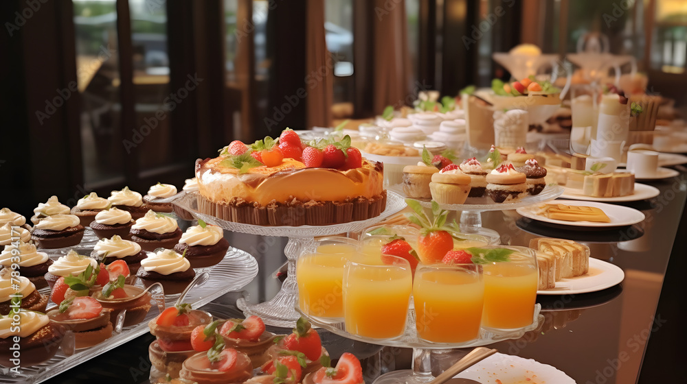 Buffet, dessert table, on the table are cakes, red date cakes, radish cakes, durian cakes, coconut cakes, cookies, puddings, bread, cocoa rolls, sandwiches, meat floss rolls Buffet, dessert table, on the table are cakes, red date cakes, radish cakes, durian cakes, coconut cakes, cookies, puddings, bread, cocoa rolls, sandwiches, meat floss rolls