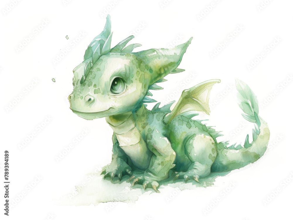 Ai Generated Art Watercolor Painting Of Cute Baby Dragon in Pastel Soft Green Colors Isolated On White Background