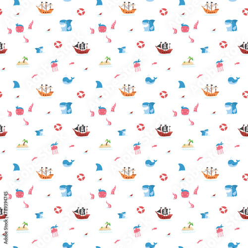 Cute Pirate elements Seamless Pattern. Cartoon items Pirate and objects. background. Vector illustration