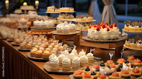 Buffet, dessert table, on the table are cakes, red date cakes, radish cakes, durian cakes, coconut cakes, cookies, puddings, bread, cocoa rolls, sandwiches, meat floss rolls photo