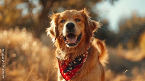 A cheerful golden retriever wagging its tail and wearing a bandana, embodying the loyal and affectionate nature of beloved canine friends.