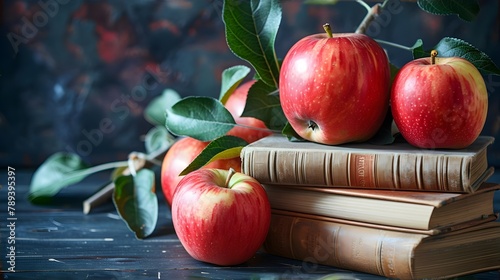 Teaching Tales: Lilliputian Apples and Books Stack on Teacher's Desk - Background, Hand Edited Generative AI