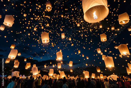 Asian people releasing Chiang Mai lanterns into the sky, making a breathtaking spectacular view at the Night Sky Lantern Festival.