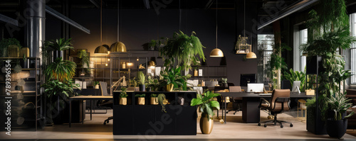 Stylish Green Office Interior with Lush Plant Decor