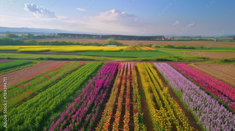 A drone aerial view of colorful flower fields in bloom, showcasing the vibrant beauty and biodiversity of agricultural landscapes.