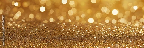 golden background with lights, bokeh and sparks. Golden holiday New Year. Abstract background, wallpaper. Banner with blurry bokeh and small shiny sprinkle