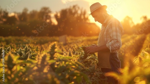 A farmer inspecting ripening crops in a sunlit field, exemplifying the care and dedication required for successful agricultural production.