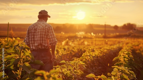A farmer inspecting ripening crops in a sunlit field, exemplifying the care and dedication required for successful agricultural production.