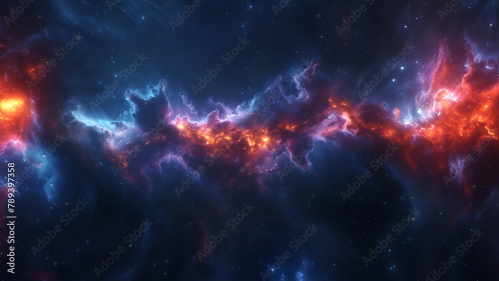 Fototapeta premium Blue Orange Deep Space Galaxy Nebula. Cinematic celestial background depicting astrology and space exploration. Cosmic fictional 3D illustration backdrop.