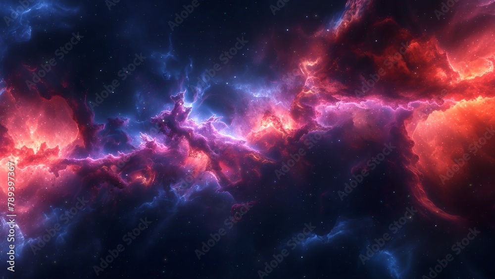 Blue Orange Deep Space Galaxy Nebula. Cinematic celestial background depicting astrology and space exploration. Cosmic fictional 3D illustration backdrop.