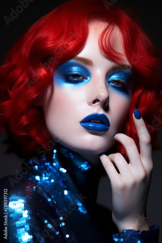 A woman with blue hair and blue makeup is posing for a photo
