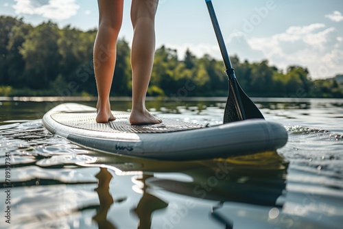 Close up of a woman's legs standing on a paddleboard with a blue oar in lake at sunrise, the warm sunlight over the calm water and creating a serene atmosphere with mountains visible in the background