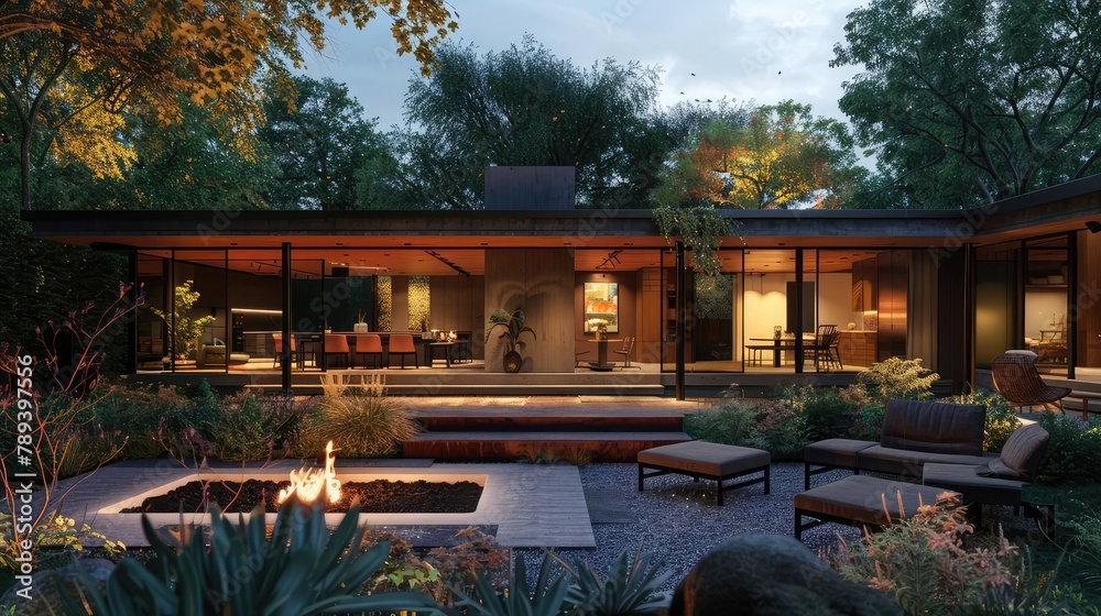 Twilight falls on a modern modular home featuring warm interior lights and a cozy outdoor seating area with a fire pit.