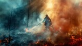 A firefighter battling flames with a hose amidst smoke and ash, highlighting the bravery and dedication of those who combat forest fires.