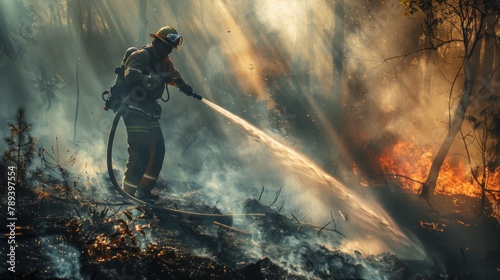 A firefighter battling flames with a hose amidst smoke and ash, highlighting the bravery and dedication of those who combat forest fires. photo