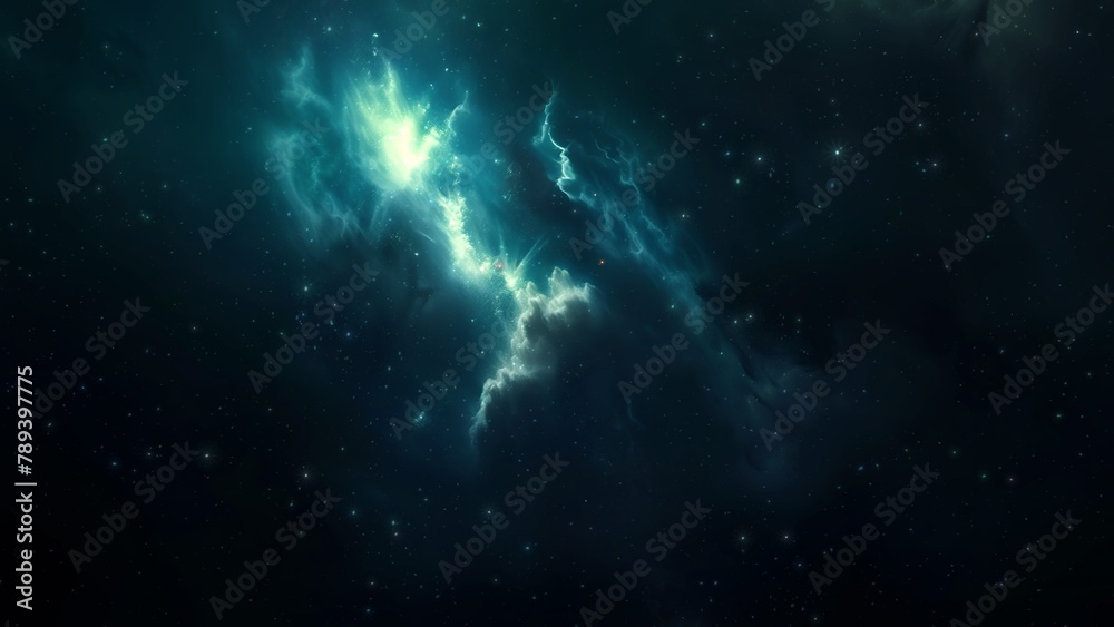 Blue Green Deep Space Galaxy Nebula. Cinematic celestial background depicting astrology and space exploration. Cosmic fictional 3D illustration backdrop.