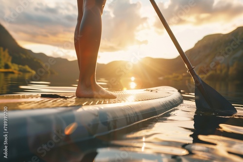 Close up of a woman's legs standing on a paddleboard with a blue oar in lake at sunrise, the warm sunlight over the calm water and creating a serene atmosphere with mountains visible in the background photo