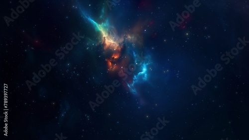 Blue Orange Deep Space Galaxy Nebula. Cinematic celestial background depicting astrology and space exploration. Cosmic fictional 3D illustration backdrop.