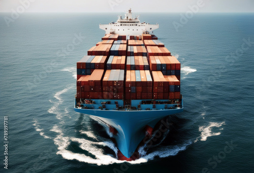 cargo harbor transport blue freight container calm commercial delivery business Aerial vessel commerce traveling front boat carrier ocean ship crane sea industry export loaded global view bul photo