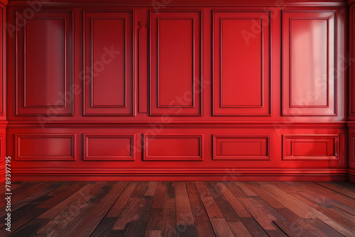 Fototapeta Naklejka Na Ścianę i Meble -  empty red wall with classic paneling and wooden floor