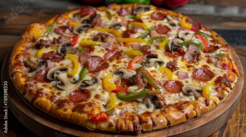 A gourmet pizza topped with melted cheese, pepperoni, mushrooms, and peppers, symbolizing the iconic and beloved fast food of the West.