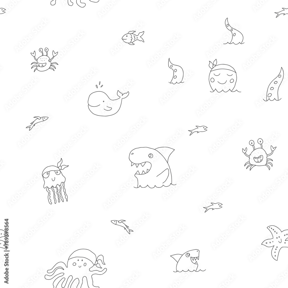 Obraz premium Cute shark and kraken Seamless Pattern. Cartoon sea animals and fish background. Vector illustration